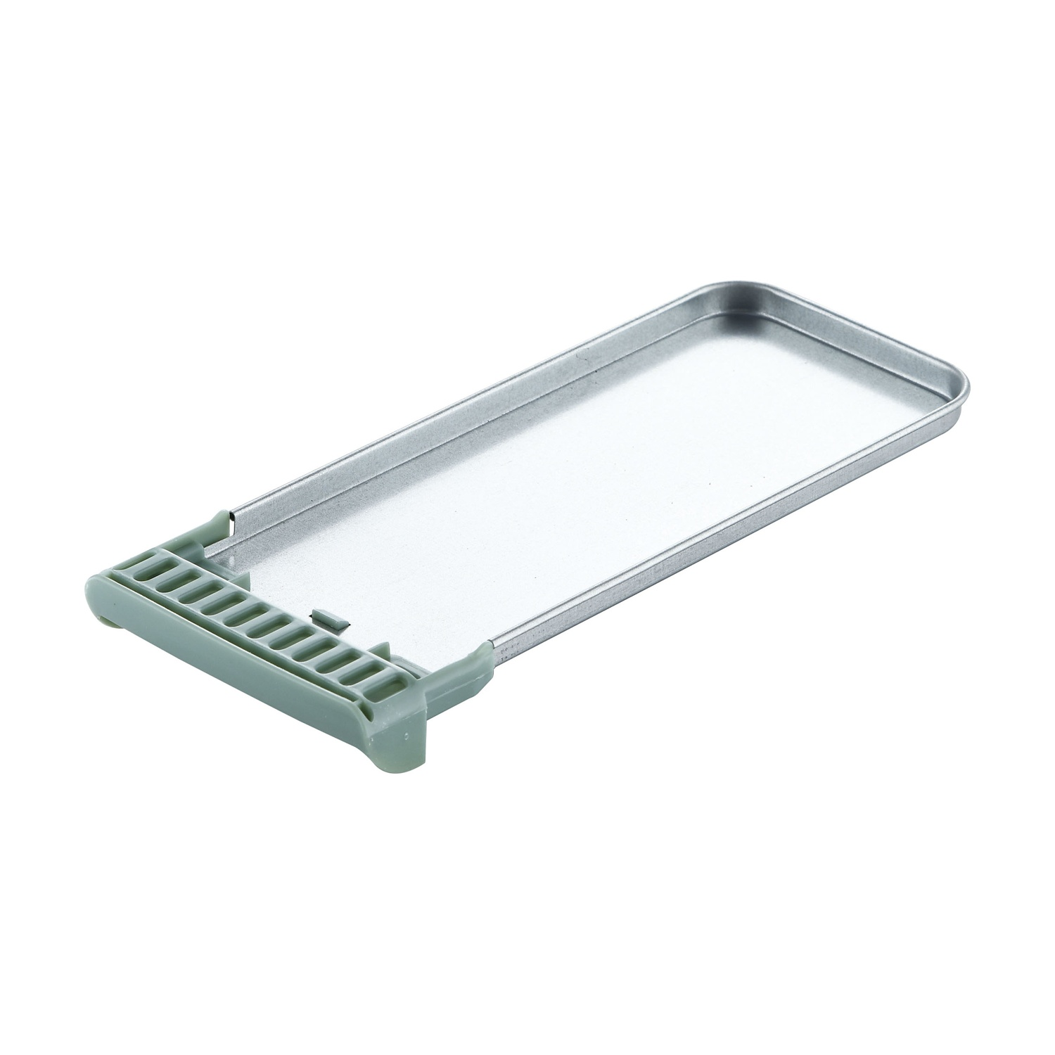 Un vassoio rettangolare argentato con un bordo in plastica verde, sfondo bianco.