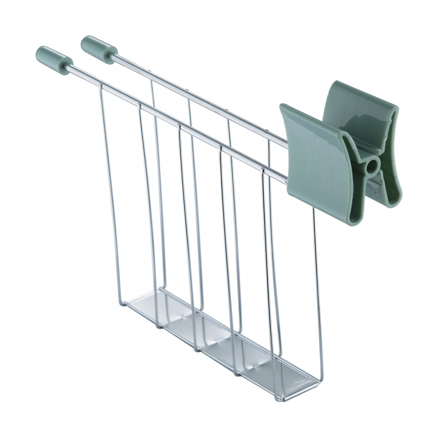 Un rack metallico con clip verdi per tenere oggetti. Il design è semplice e pulito.