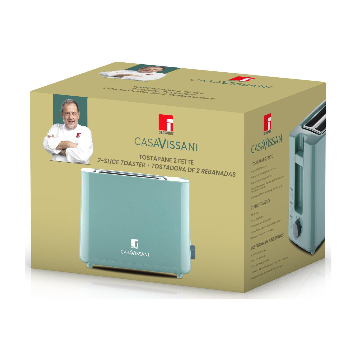 Un tostapane in una scatola. Il tostapane è verde chiaro, la scatola mostra il tostapane e uno chef.