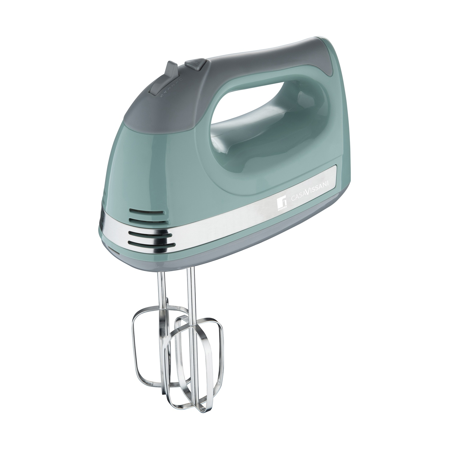 Frullatore a mano verde menta su sfondo bianco, con manico grigio e accessori argentati.
