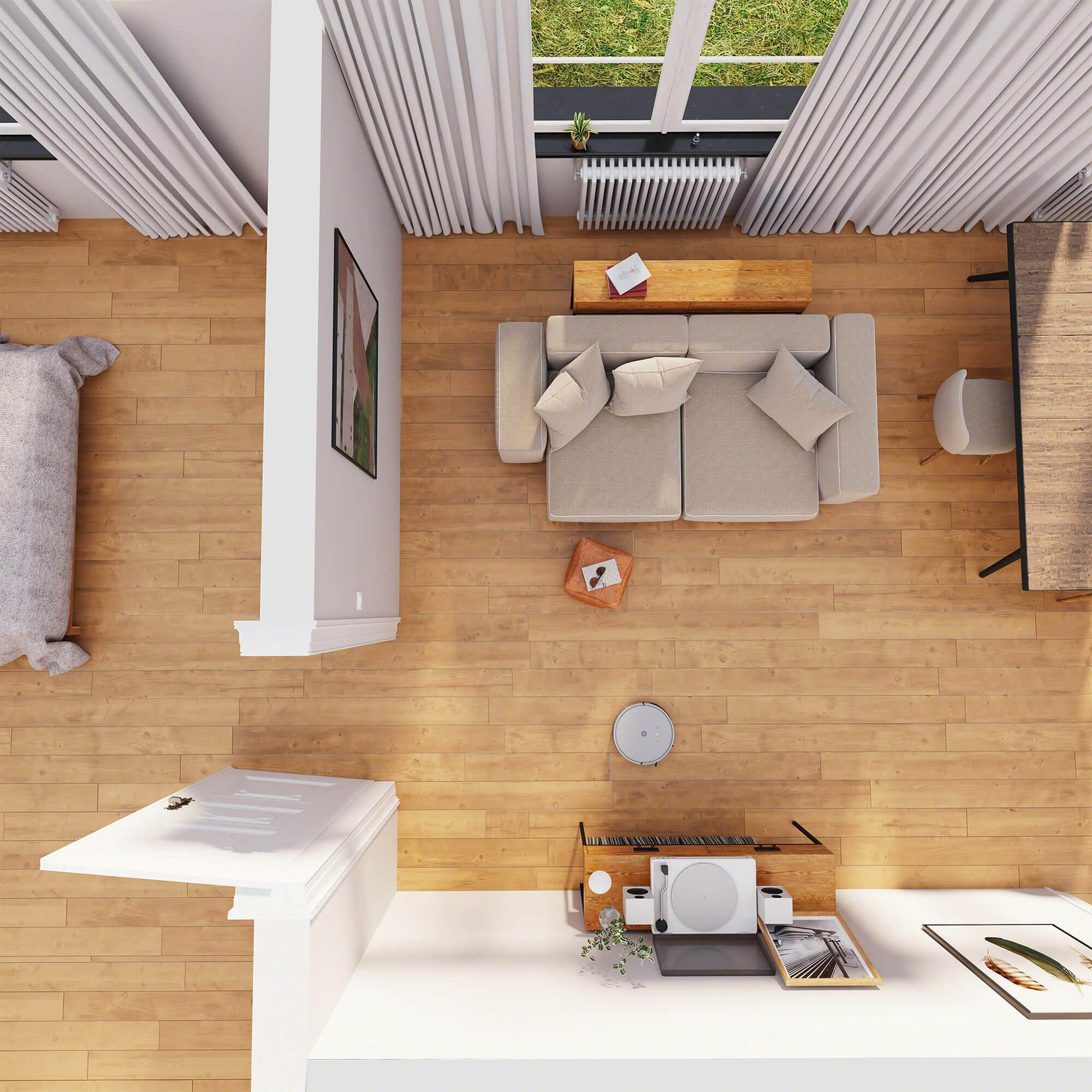 Widok z góry na pokój z sofą, dywanem, stołem i białym odkurzaczem robota.