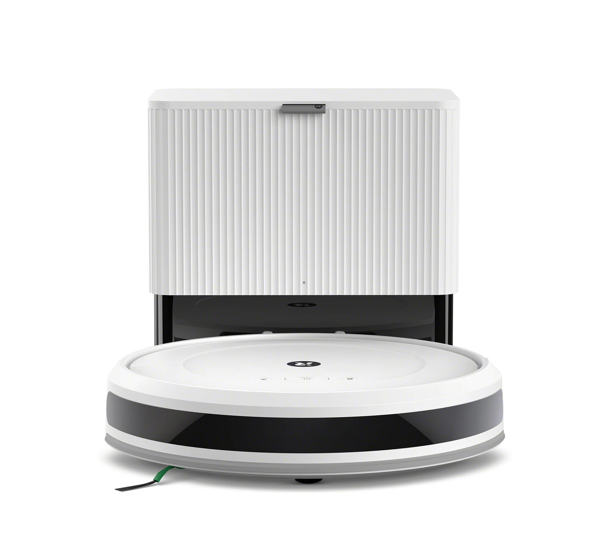 Biało-czarny robot sprzątający z stacją ładującą, na białym tle.