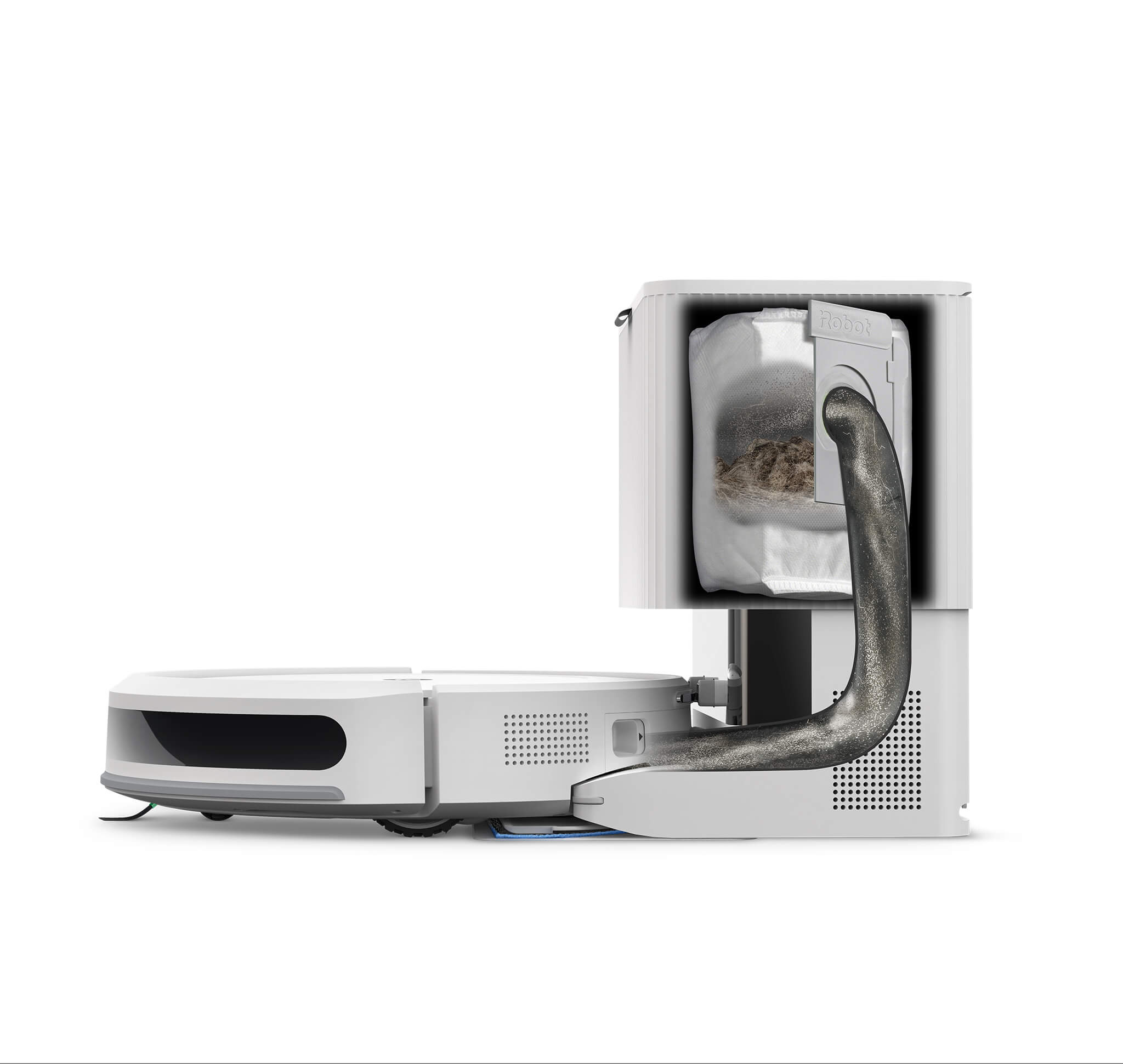 Biały odkurzacz automatyczny z filtrem. Szara rura łączy odkurzacz z filtrem.