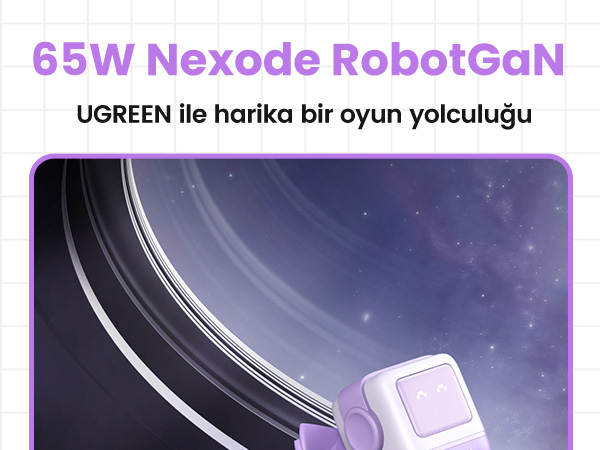 Mor tabanlı bir robot oyuncak, kozmik bir arka plan ve metin ile.