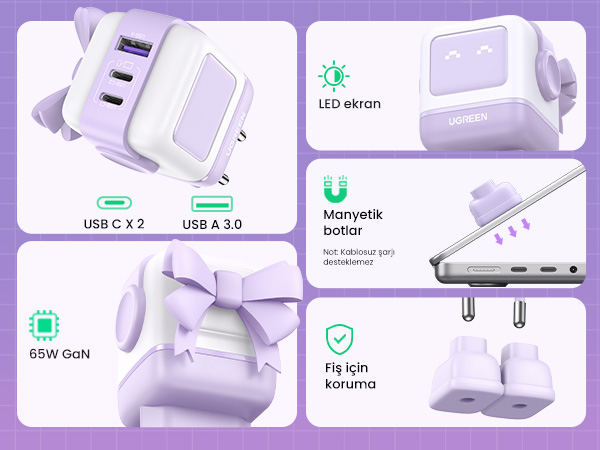 Çoklu USB bağlantı noktaları ve bir ekranı olan beyaz-mor UGREEN şarj cihazı, kurdeleli.