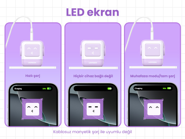 Üç şarj cihazı. Şarj durumu telefon ekranında gösterilir. Pil seviyesini gösterir.