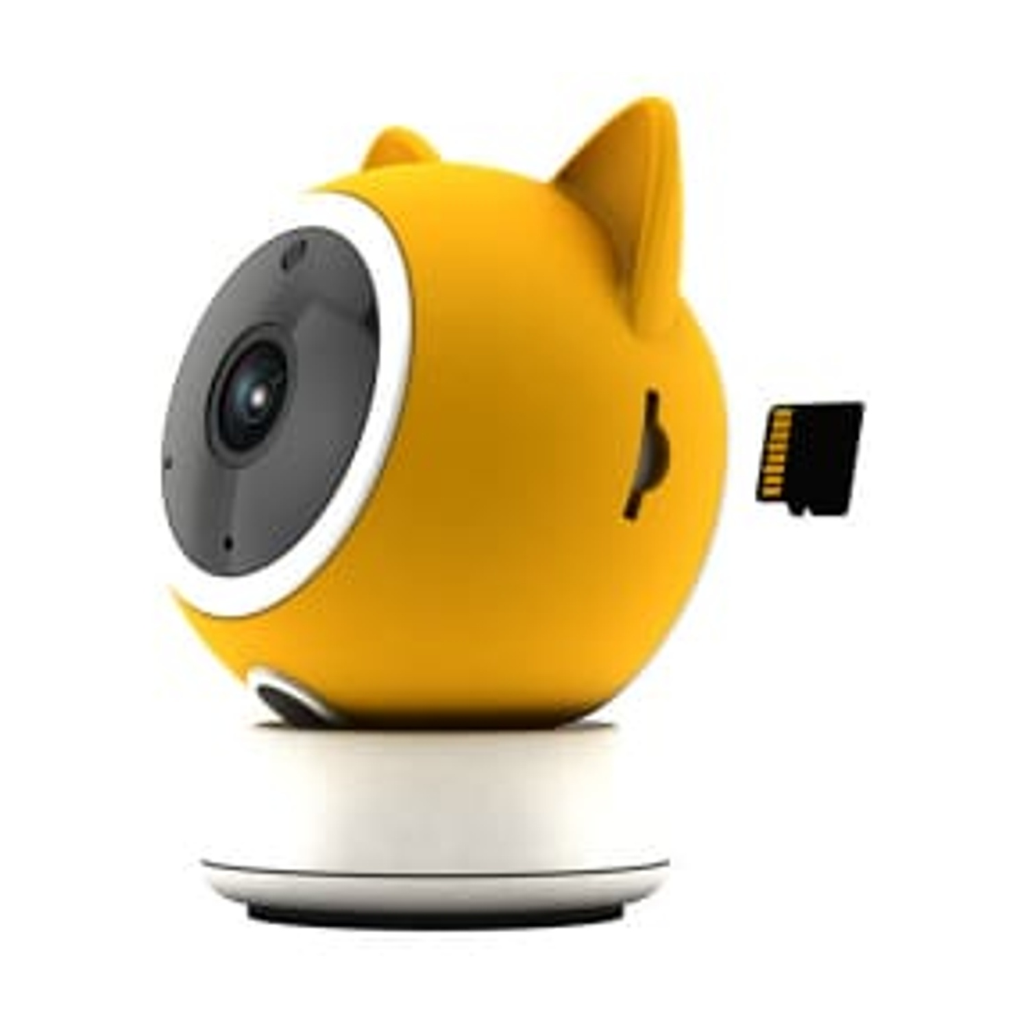 Fotocamera gialla a forma di gatto con obiettivo nero, base bianca e scheda di memoria.