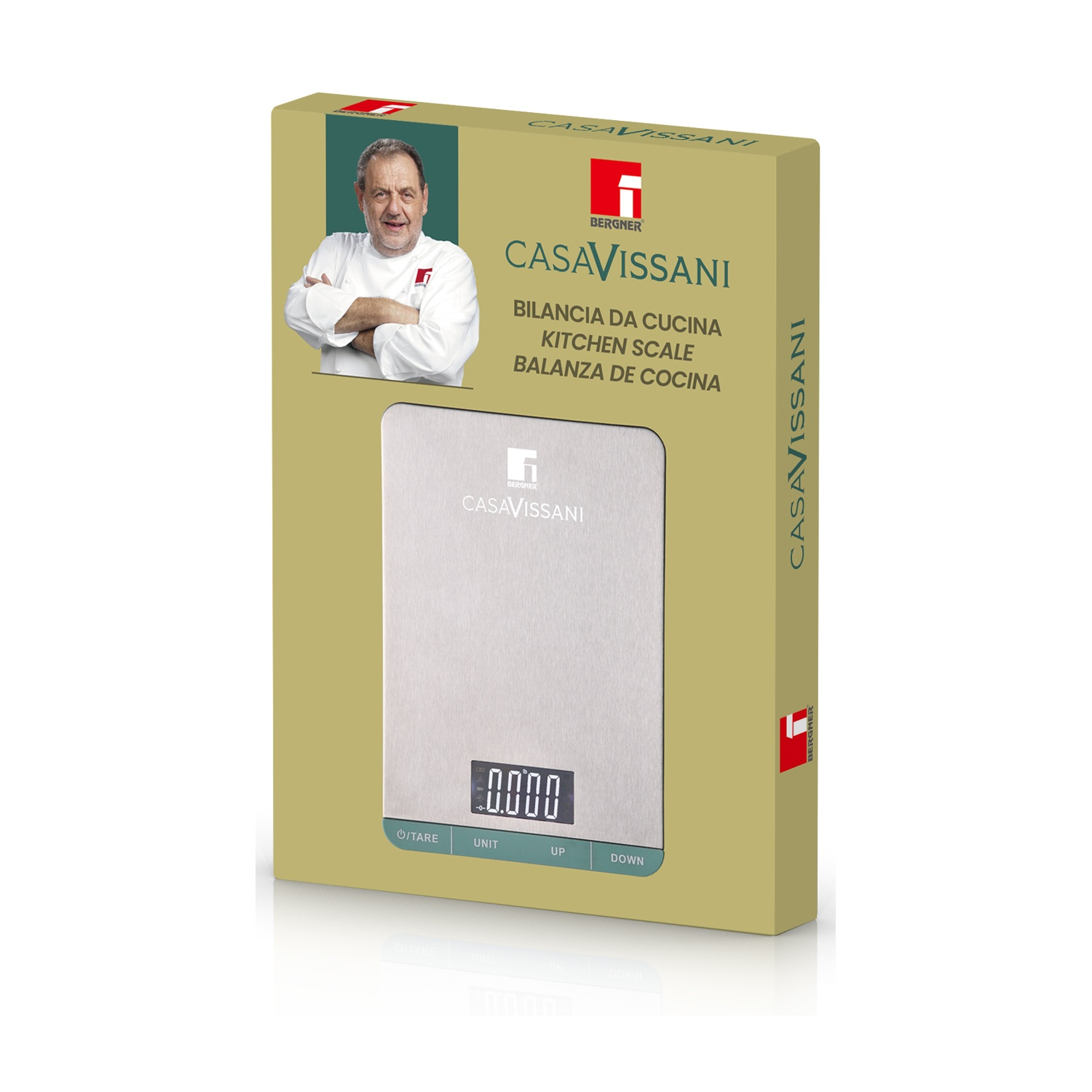 Scatola per bilancia da cucina con immagine dello chef e della bilancia.