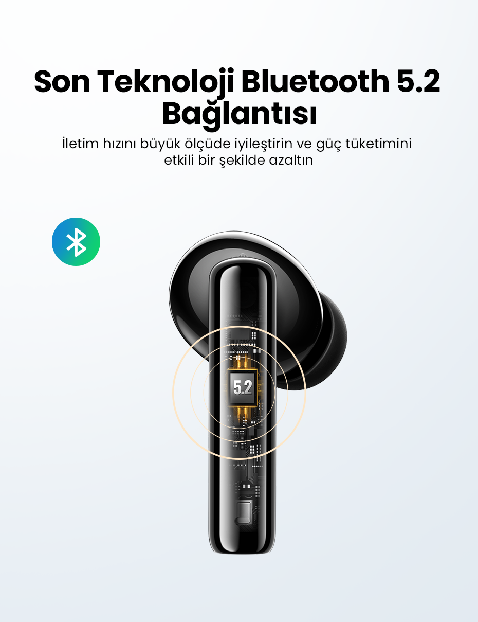 Yanında altın bir çizgi bulunan siyah kulaklık, metin ve bir bluetooth işaretiyle.