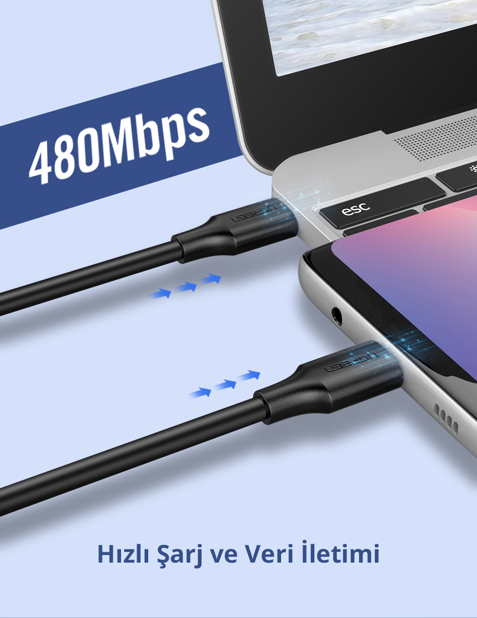 Hızlı şarj ve veri aktarımı gösteren, bir dizüstü bilgisayara ve bir telefona bağlı siyah USB kablosu.