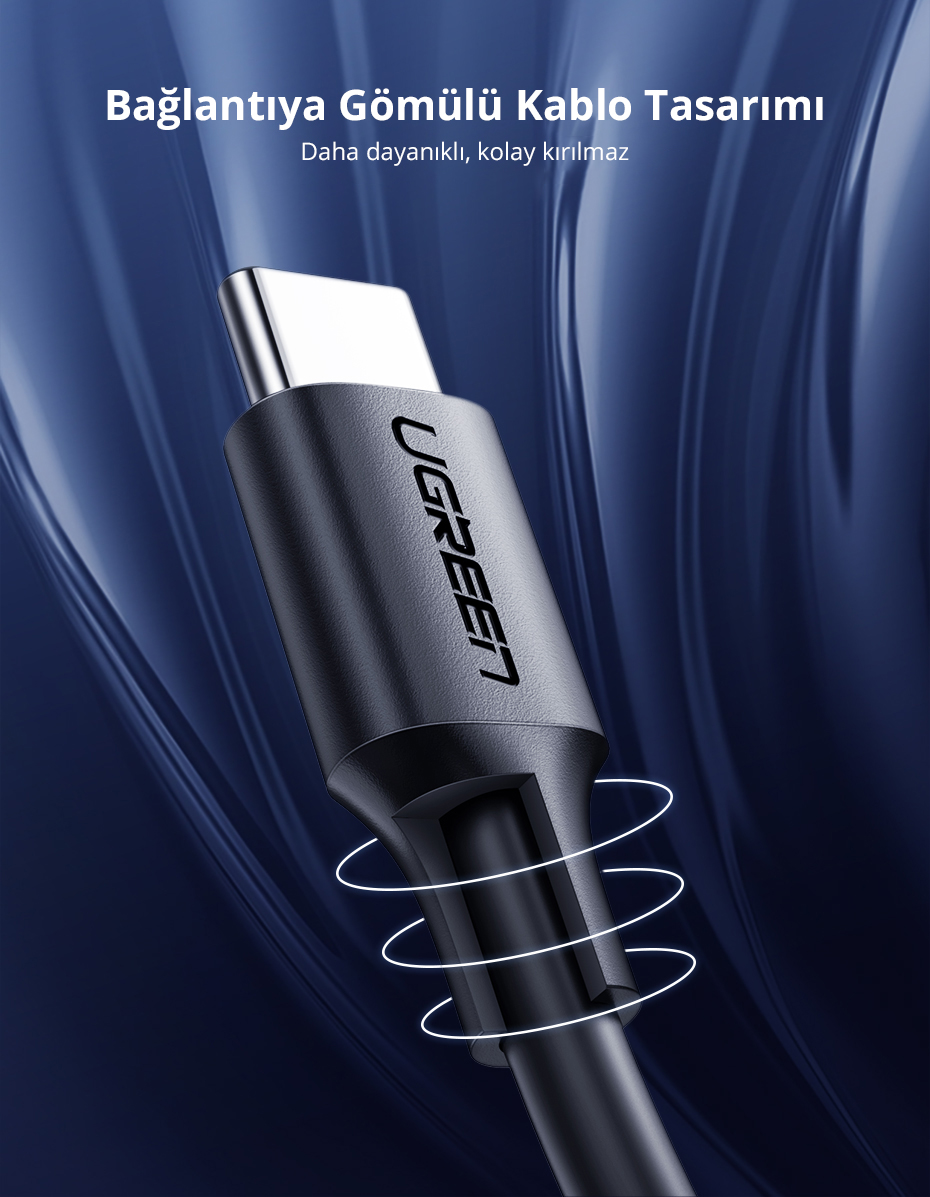 Mavi arka planda metin bulunan siyah bir UGREEN USB-C kablosunun yakın çekimi.