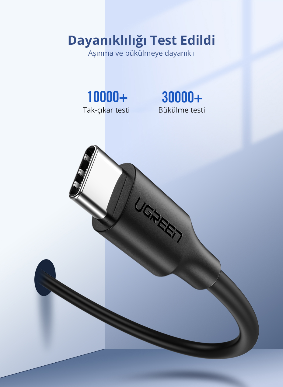 Siyah bir UGREEN USB-C kablosunun ve dayanıklılık hakkında metin içeren bir duvarın yakın çekimi.