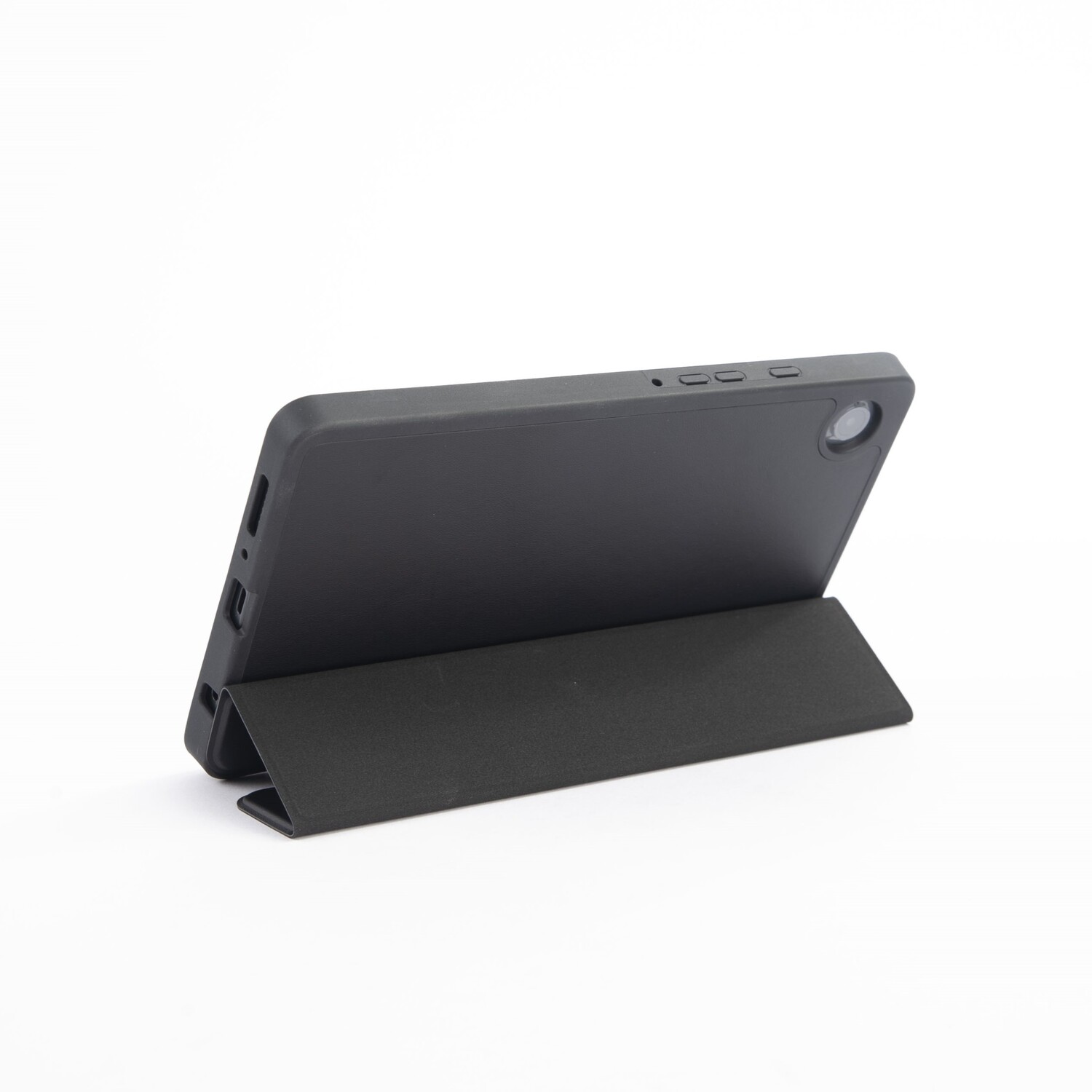 Black tablet in a case, propped up, with a white background.