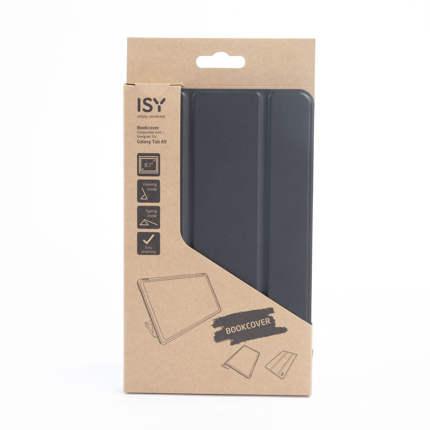 A bookcover in a cardboard box. It has a dark grey bookcover.