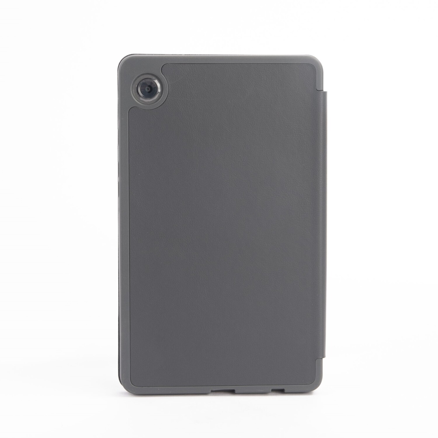 A gray tablet case with a camera lens.