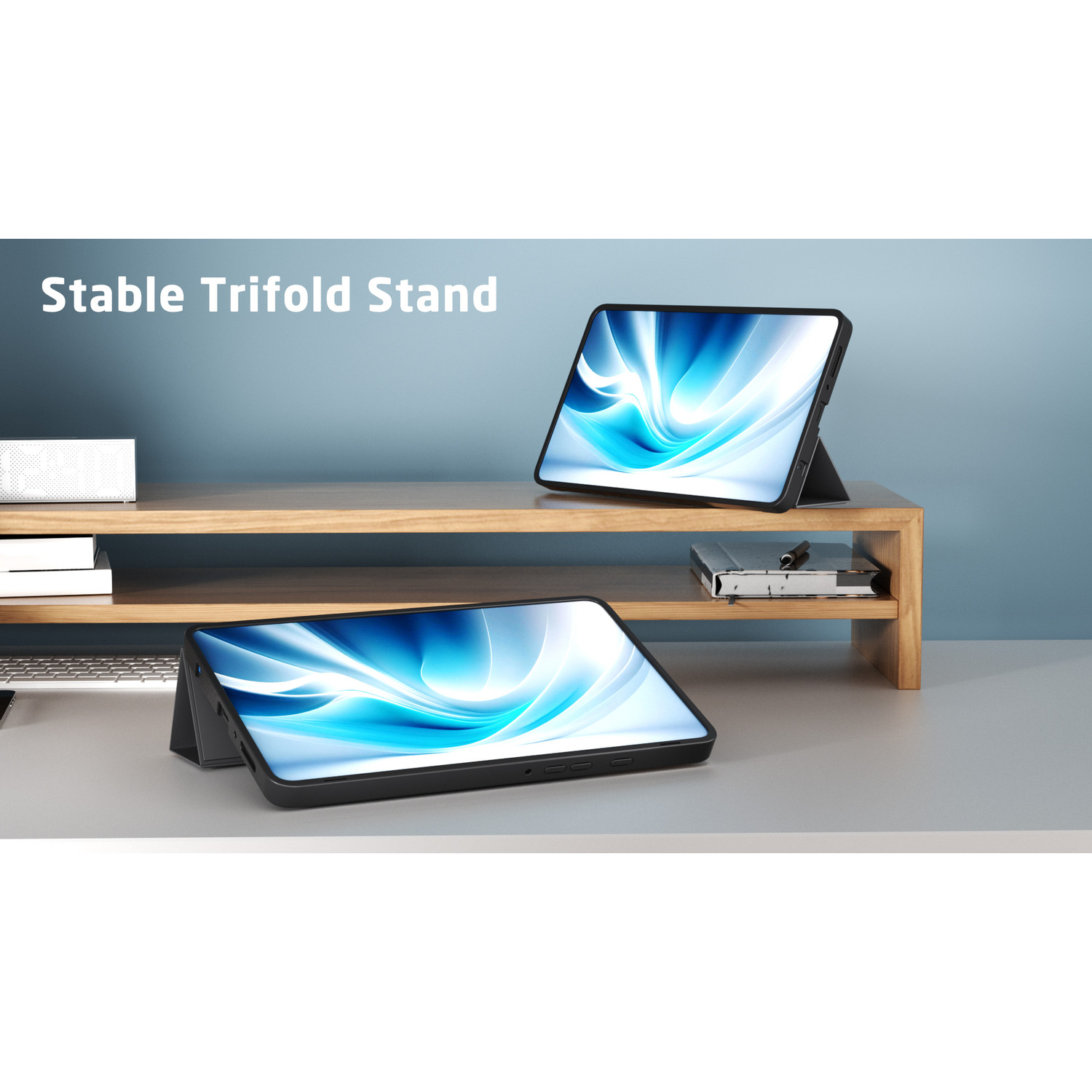 Tablets on a wooden shelf and desk, in a trifold stand, displaying screens. The background is blue.