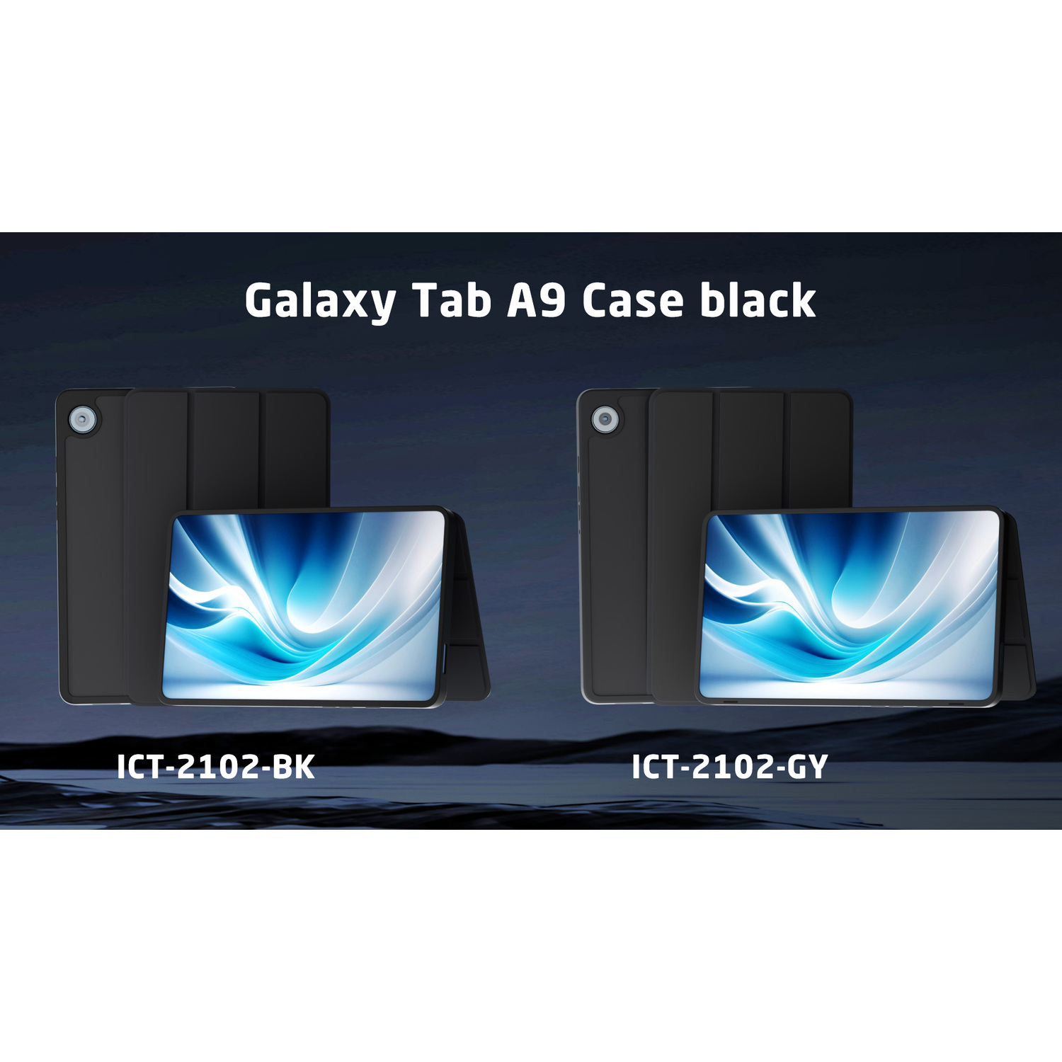 Two black tablet cases and tablets, one labeled ICT-2102-BK and the other ICT-2102-GY.