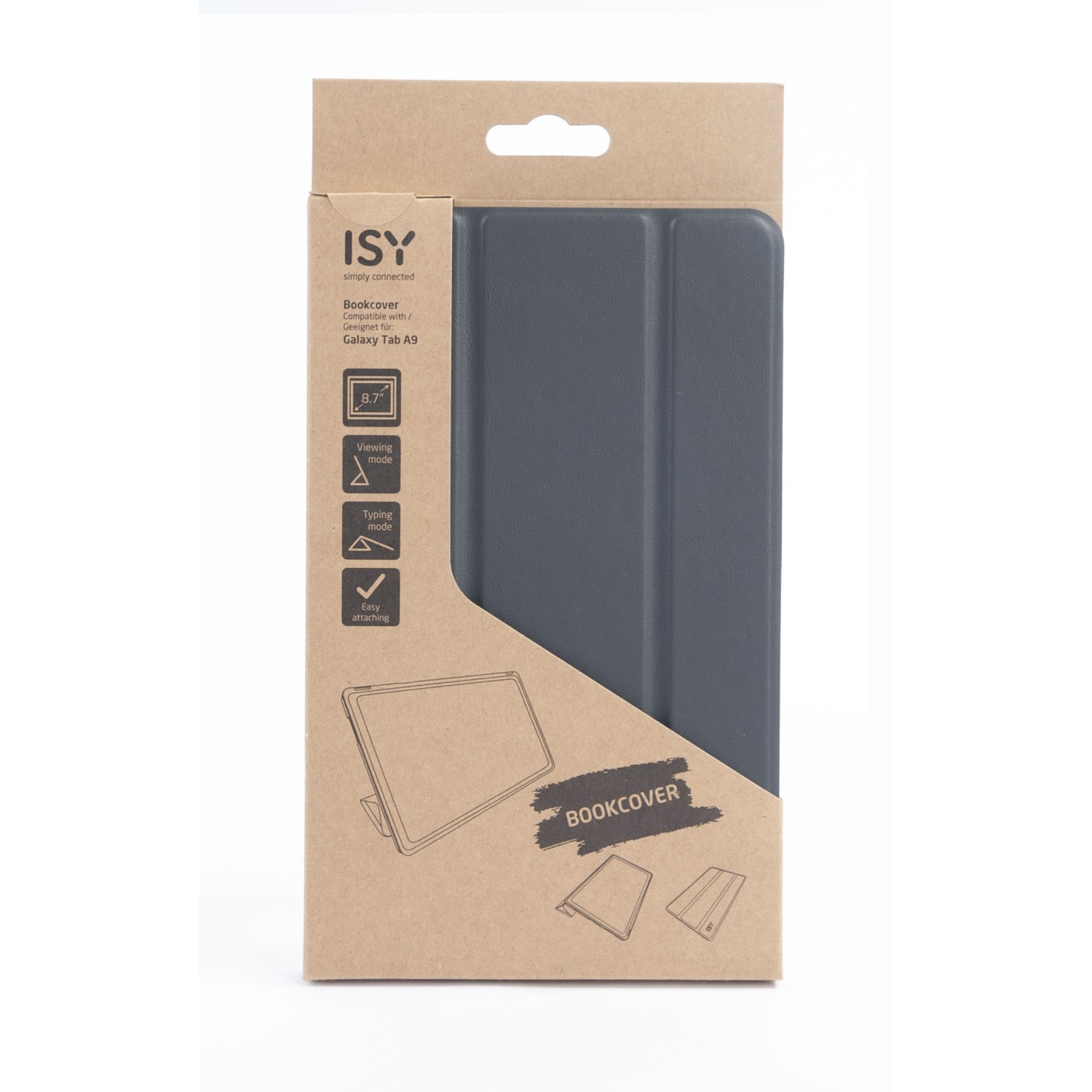 Bookcover for a Galaxy Tab A9, in a cardboard box. The cover is gray. 