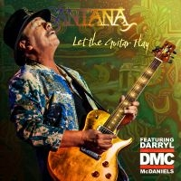 Santana op een albumhoes, met een gitaar. De achtergrond is groen en goud met de tekst 'Let the Guitar Play'.