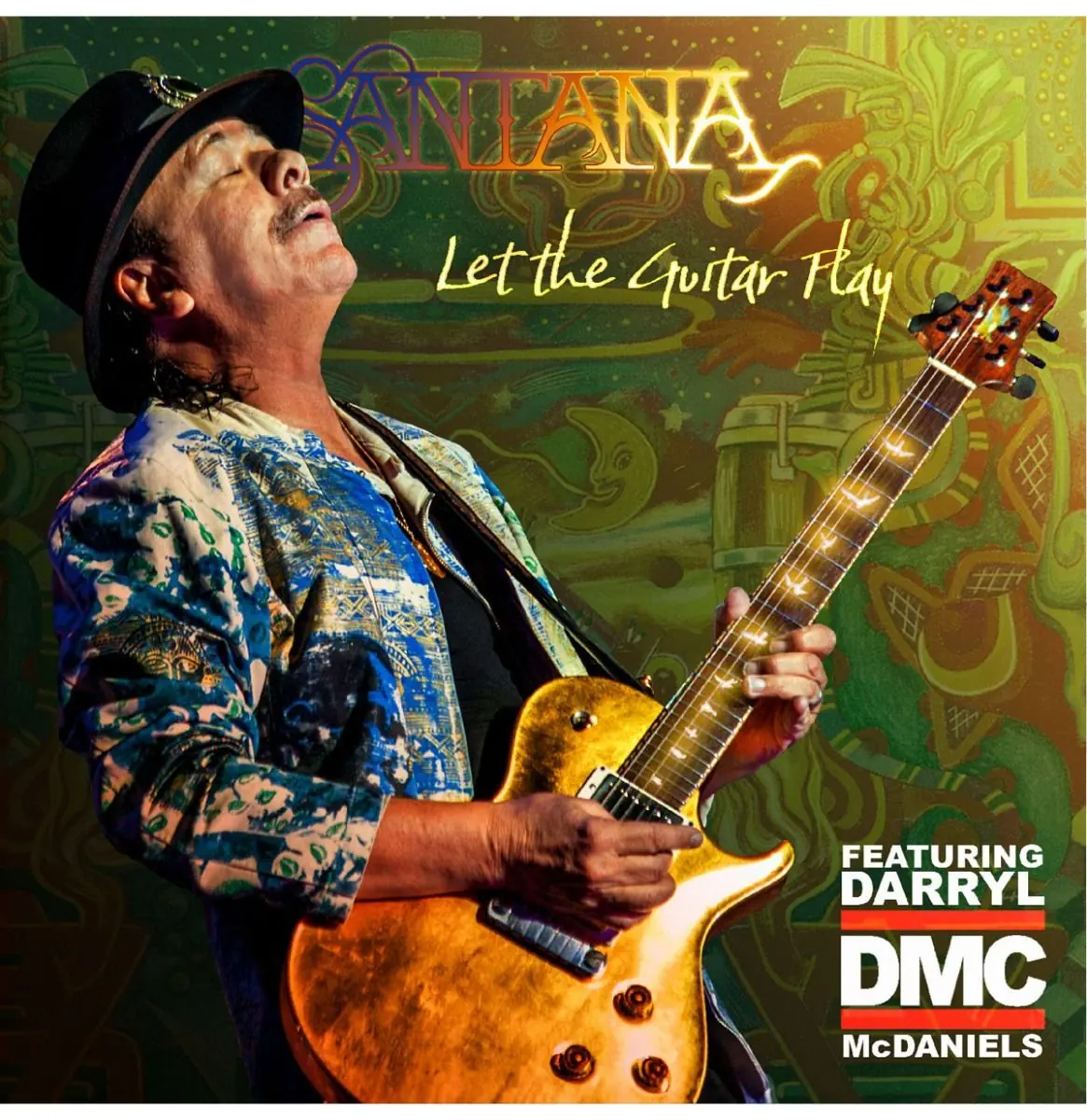Albumhoes met Santana. Hij speelt op een gouden gitaar. Kleurrijke achtergrond.