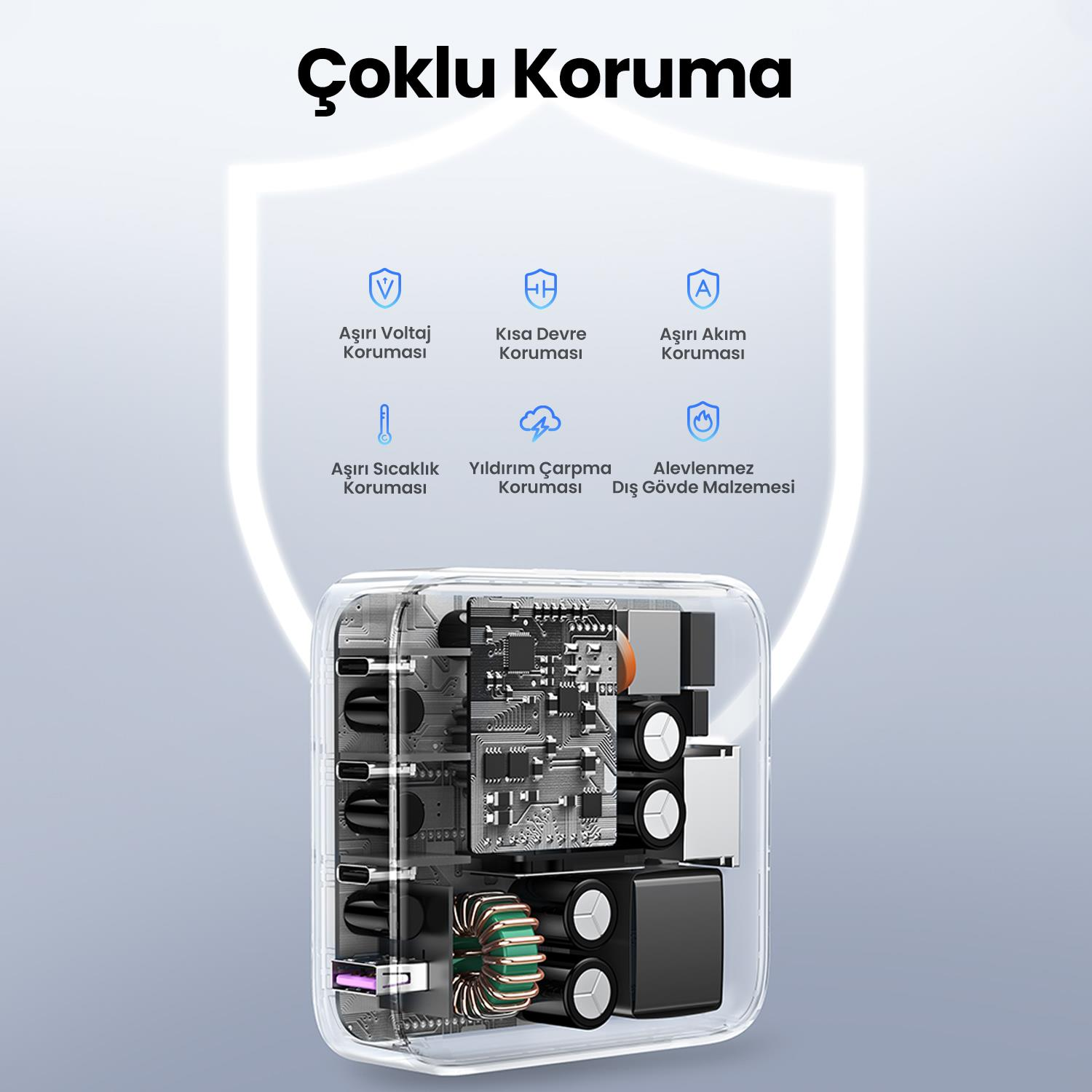 İç bileşenleri gösteren bir kesiti olan beyaz bir elektrik adaptörü ve üstte metin etiketleri.