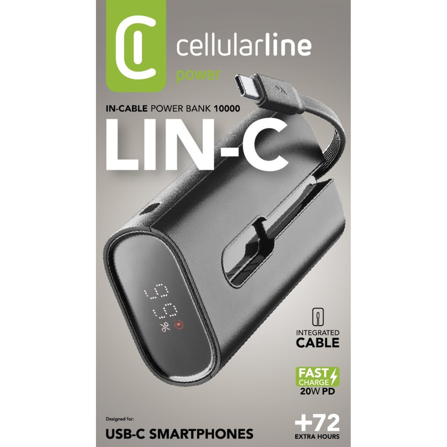 Power bank nero con cavo USB-C e testo.