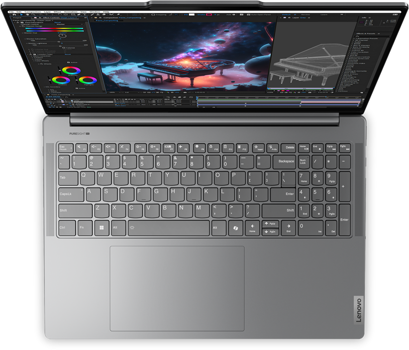 Nyitott képernyős laptop, a billentyűzet fókuszban. A képernyő digitális művészeti kompozíciót mutat.