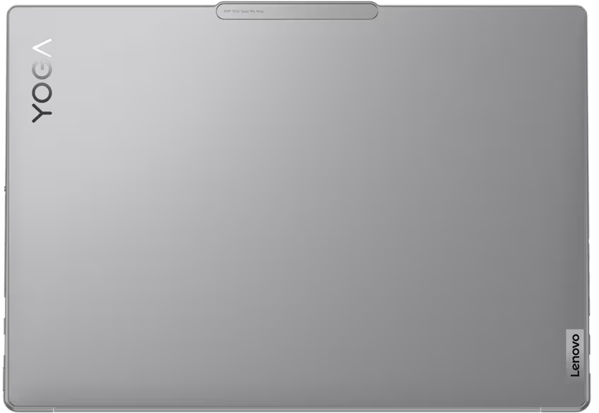 Ezüst Lenovo Yoga laptop. Felülnézet, a Yoga logóval függőlegesen.