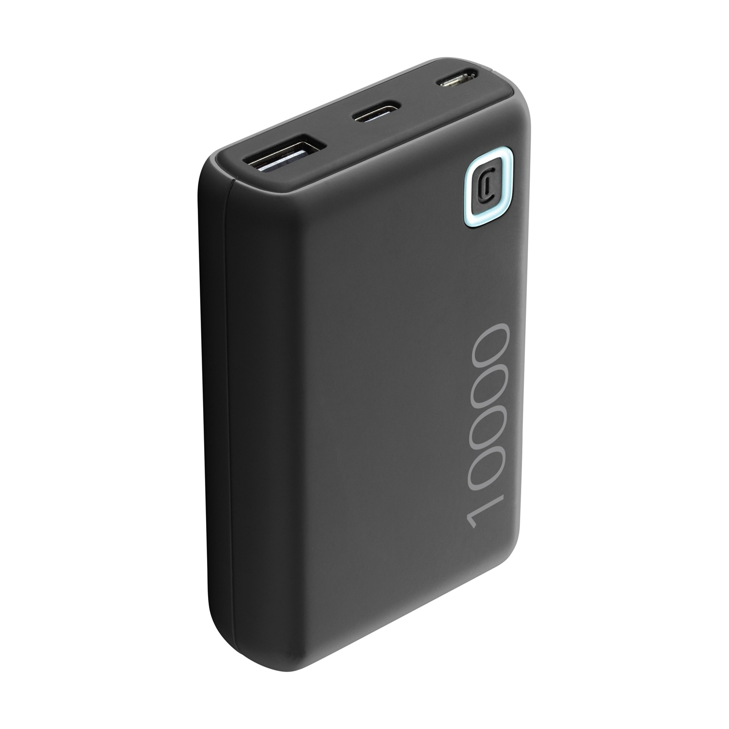 Power bank nera con porte USB e USB-C. Mostra 10000 sul lato e un pulsante con luce.