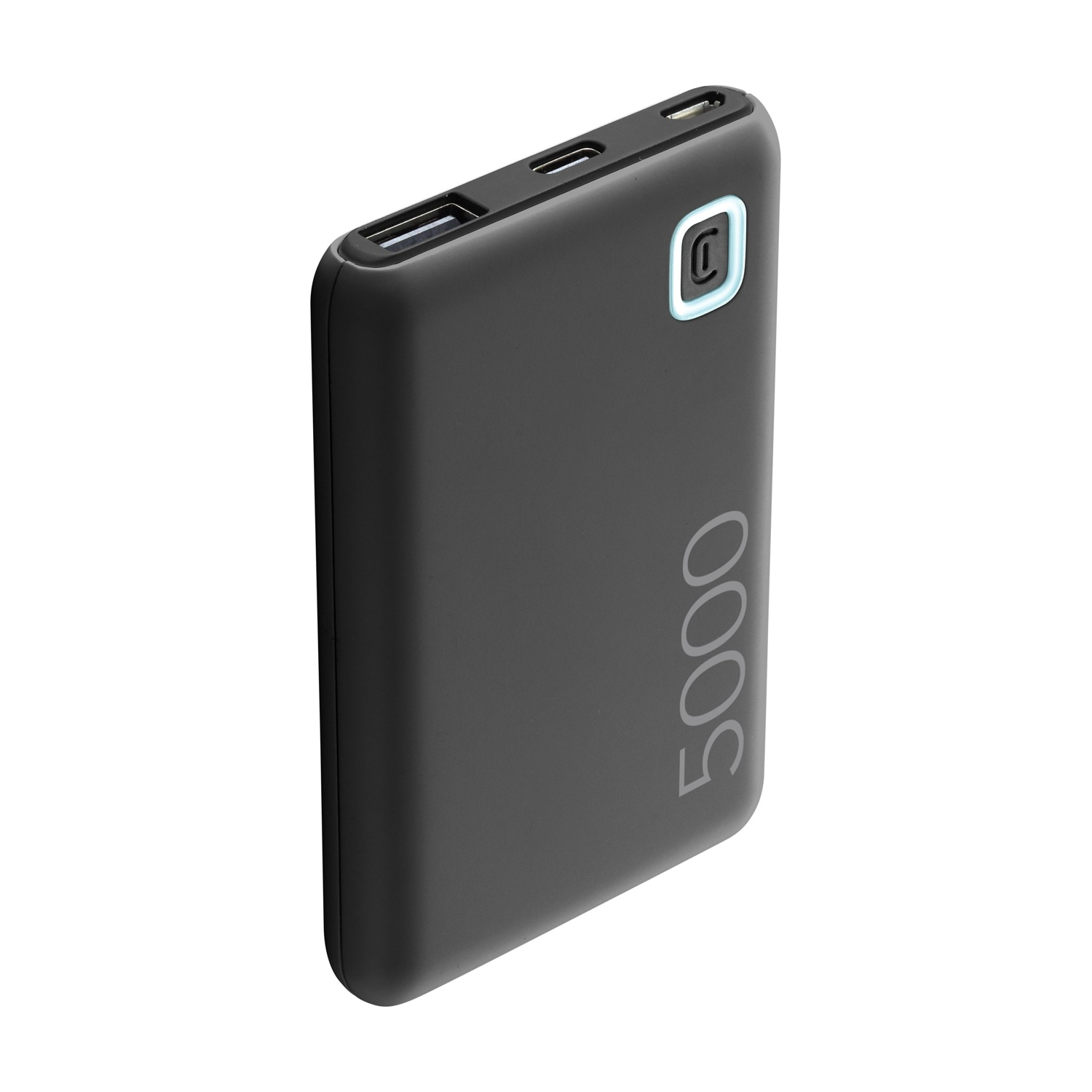 Power bank nero con porte e 5000 stampato.