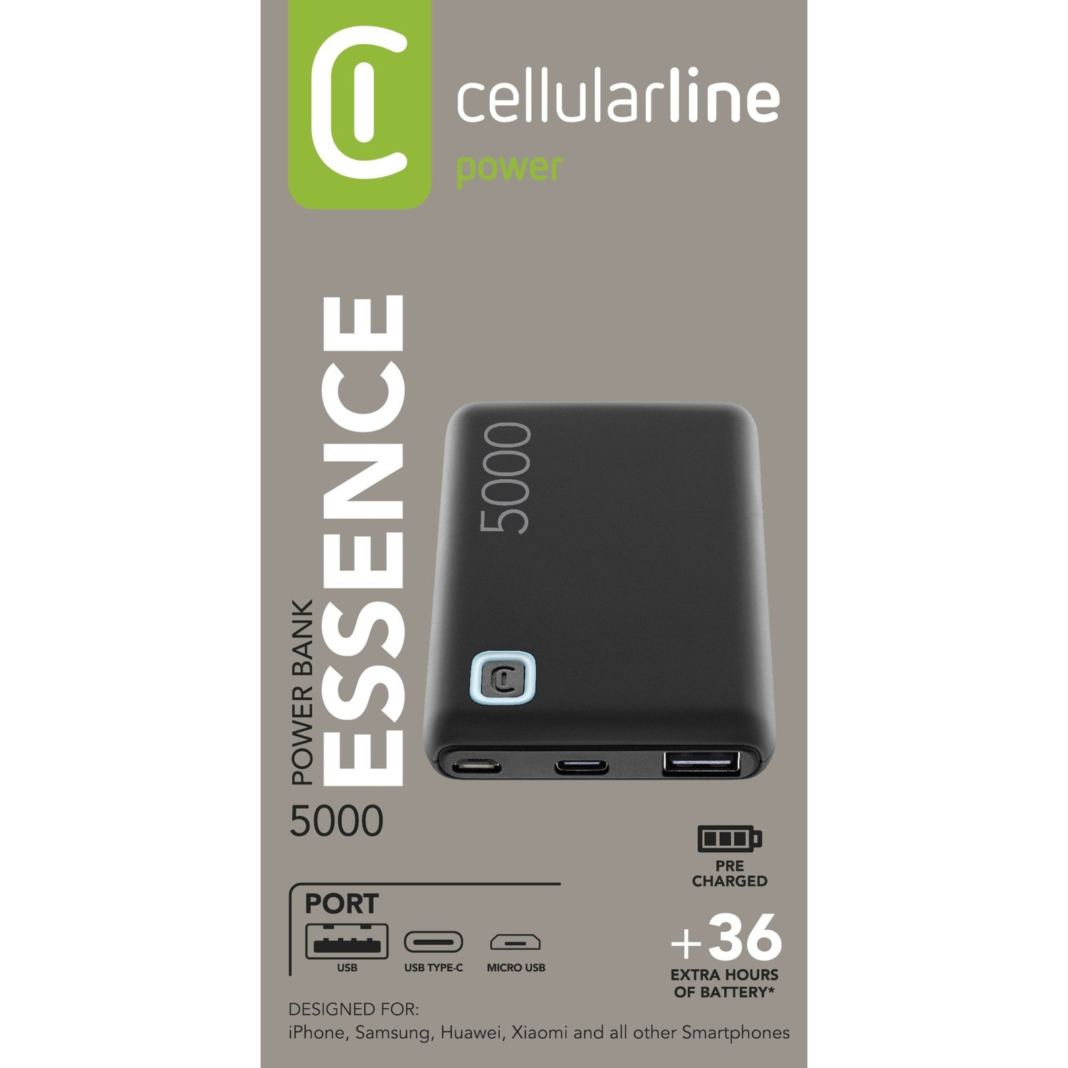 Power bank nero con testo bianco e logo verde. Include porte USB, USB-C e Micro USB.