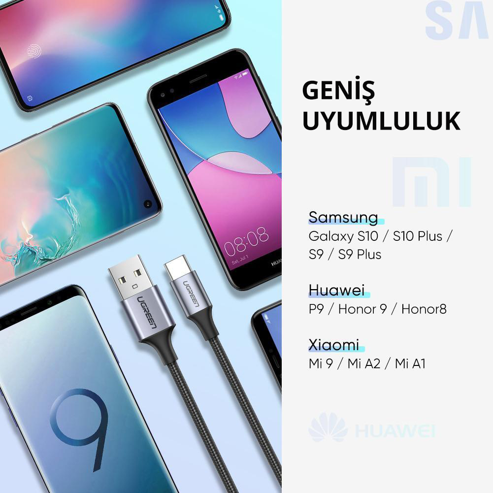 Çoklu akıllı telefonlar ve bir USB kablosu. Telefonlar farklı markalardan, kablo UGREEN.