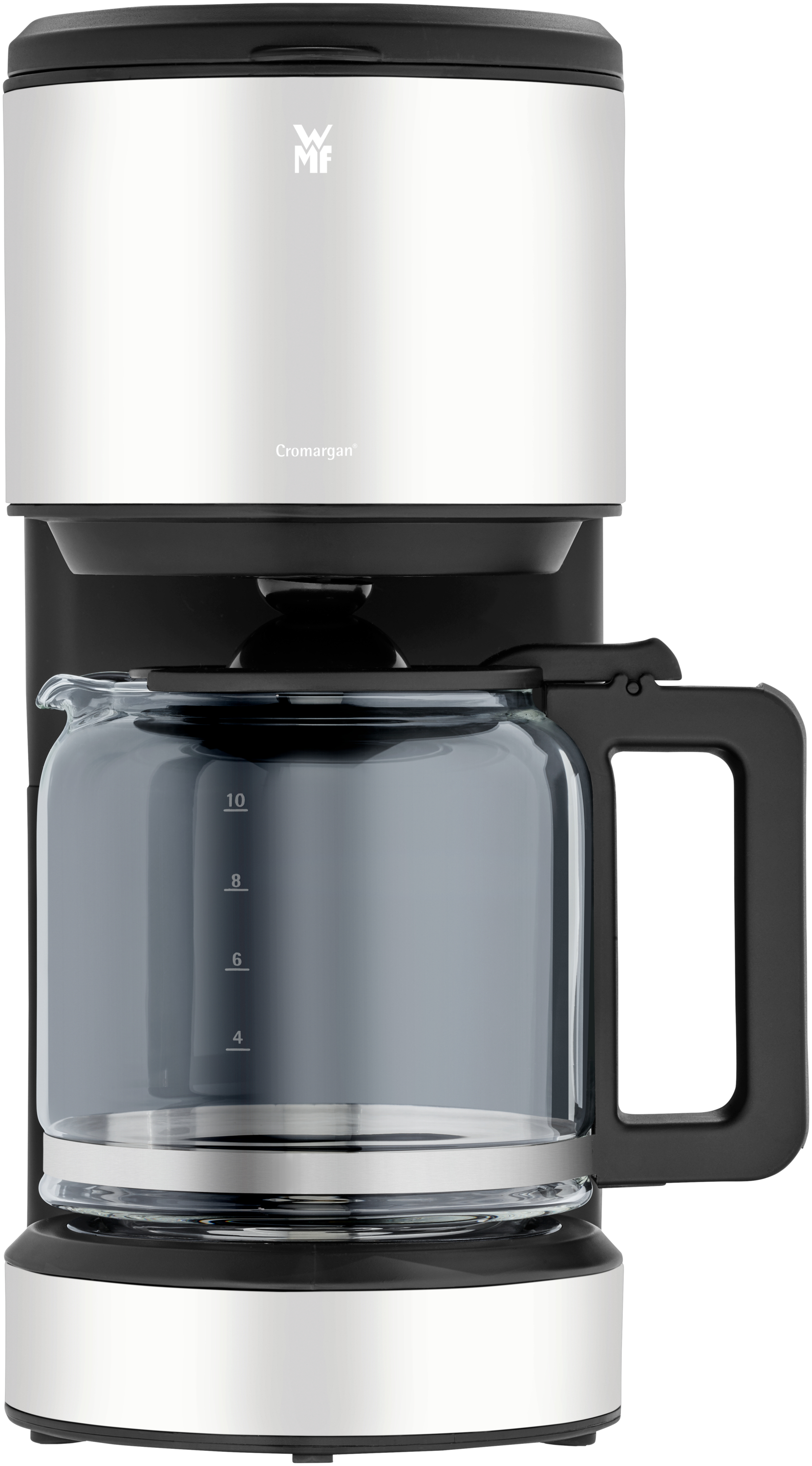 Silber-schwarze Kaffeemaschine mit Glaskaraffe, schwarzem Griff und Markierungen für Wasserstände.