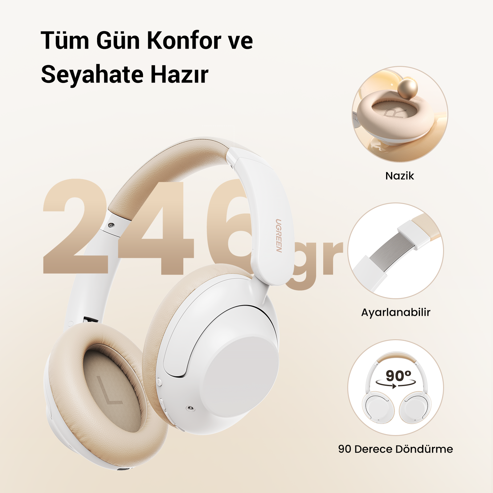 Bej kulaklıklı beyaz kulaklıklar, ayarlanabilirlik ve döndürme özellikleri hakkında detaylar.
