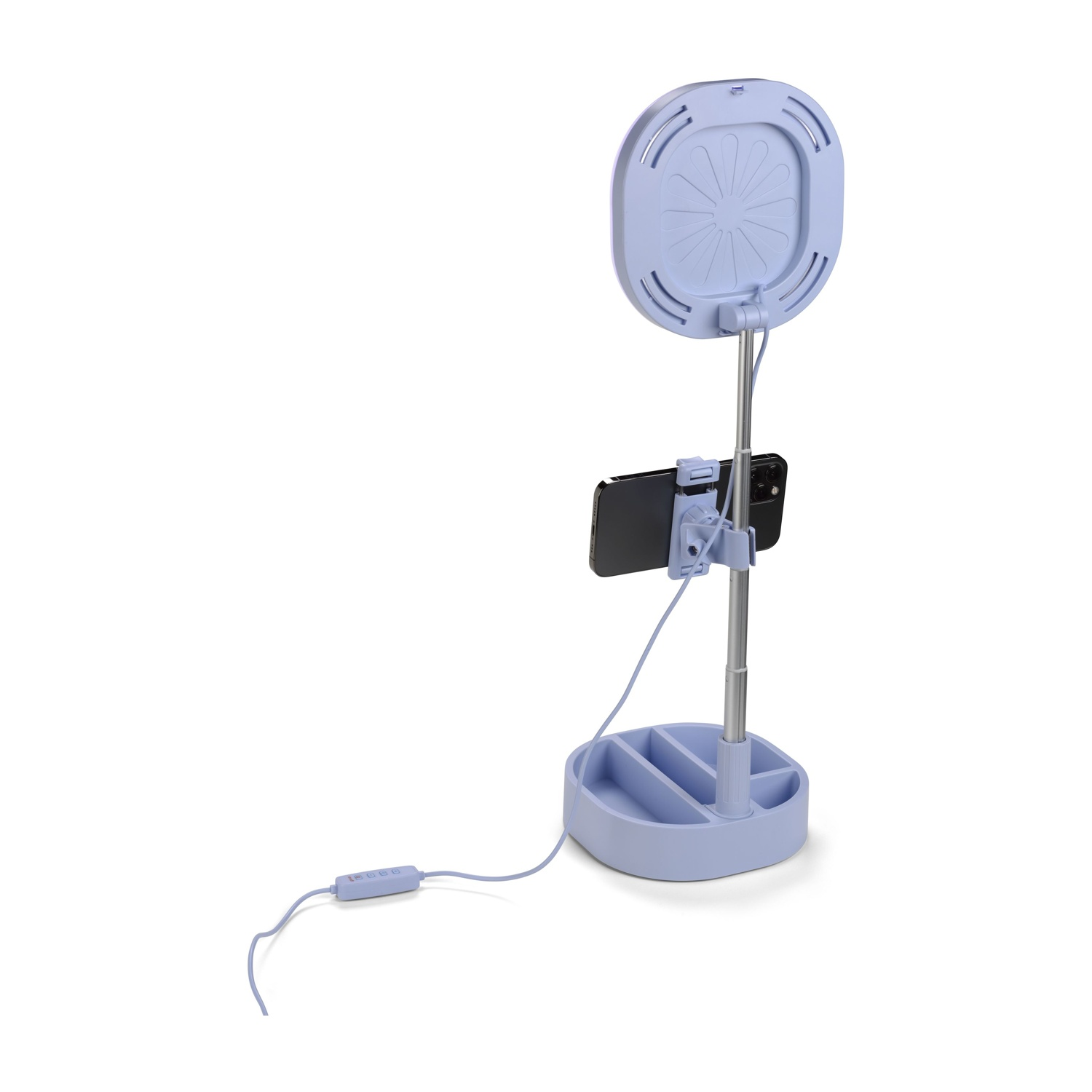 Una luce per selfie blu con un supporto per telefono e una base con scomparti.