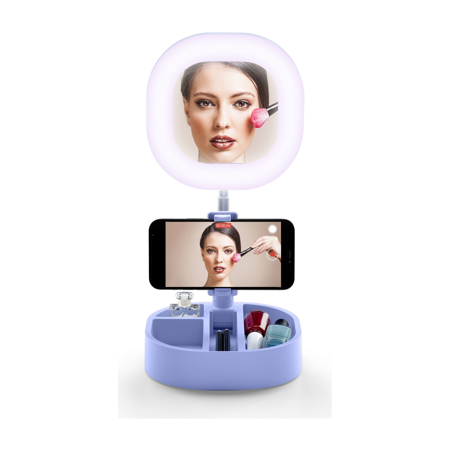 Uno specchio per il trucco con una ring light, un telefono con un tutorial di trucco e un organizer per il trucco blu.