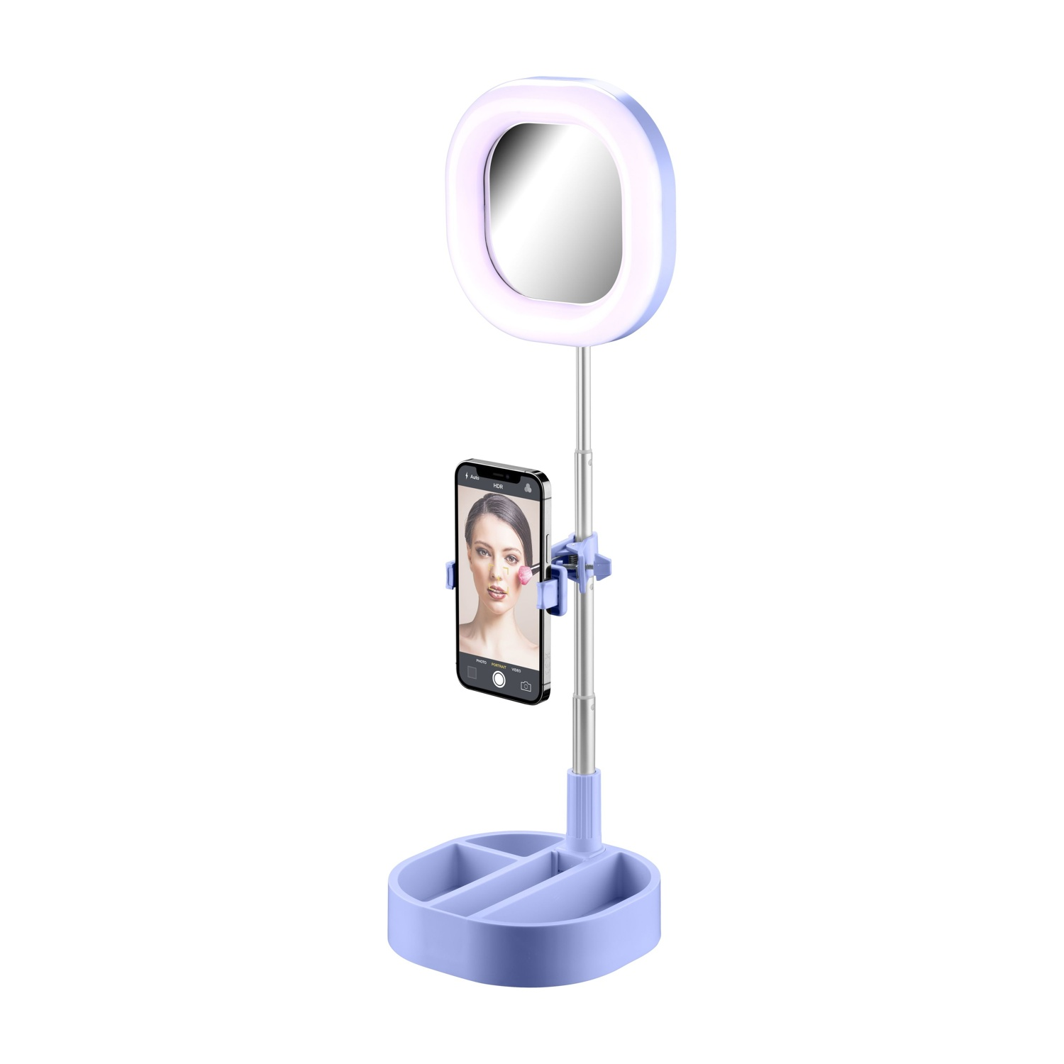 Un telefono con specchio e luce. Il telefono è montato su un supporto con scomparti.