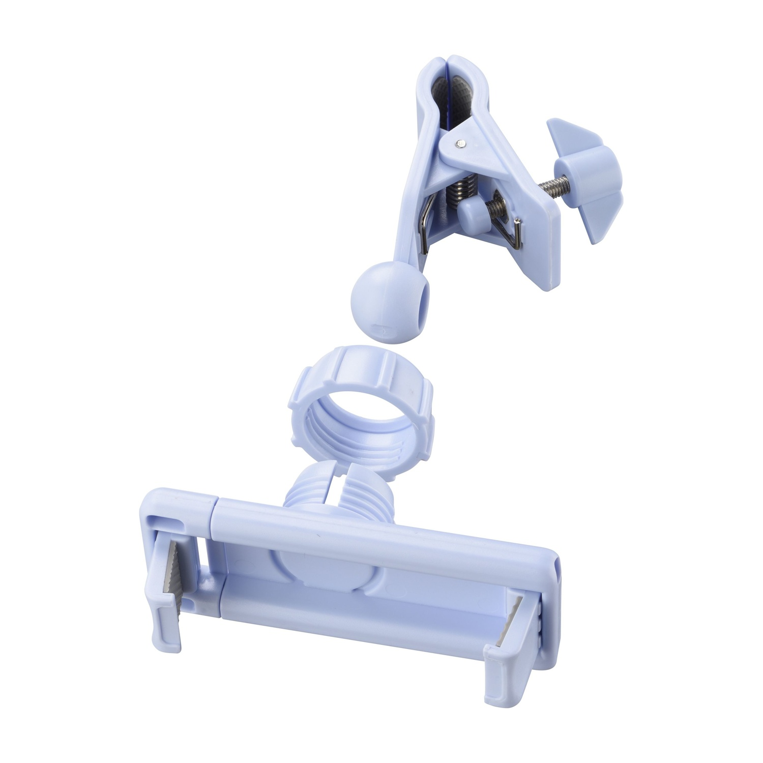 Morsetto in plastica azzurra, smontato. Include morsetto, vite e componenti di base, su sfondo bianco.