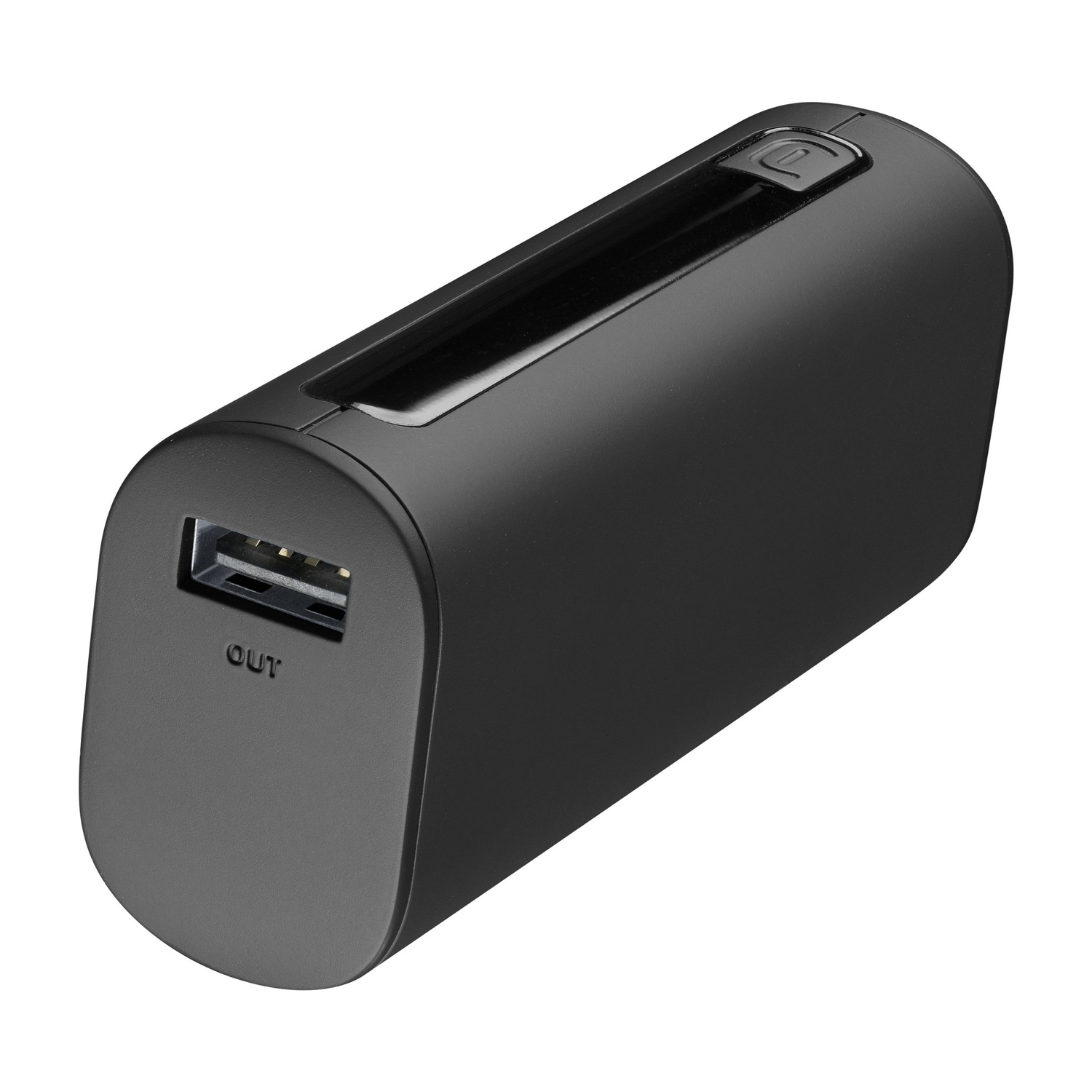 Power bank nero con porta USB e un pulsante. Sfondo bianco.