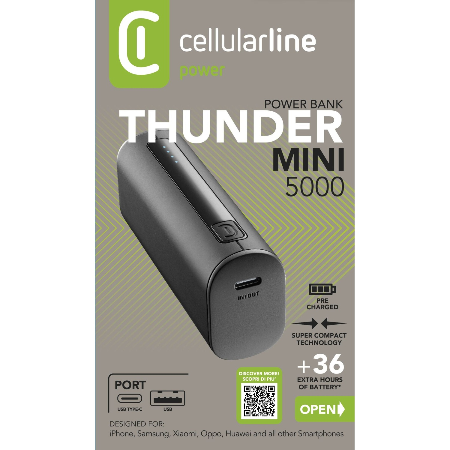 Power bank nero con l'etichetta 'THUNDER MINI 5000'. Presenta porte USB, un indicatore di carica e l'etichetta 'Cellularline Power'.