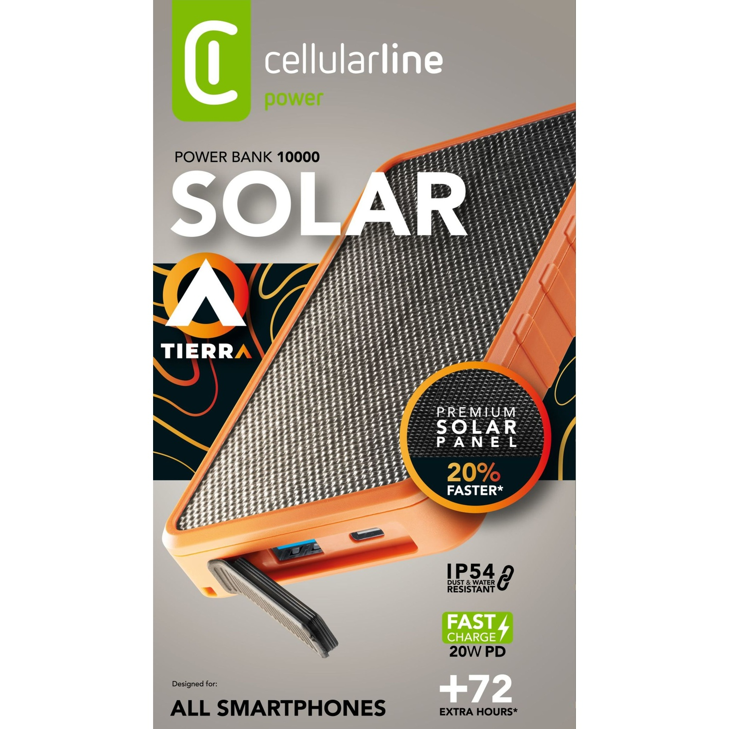 Power bank solare arancione con testo. Testo: Power Bank 10000 Solar, progettato per tutti gli smartphone.