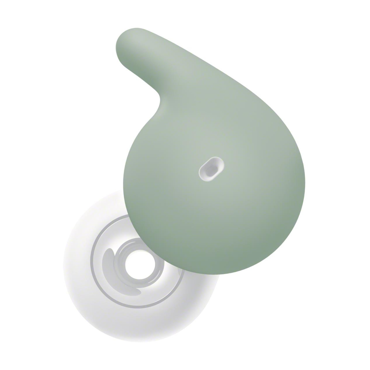 Auricolare con un design bianco e verde. La parte bianca è trasparente. Sfondo bianco.