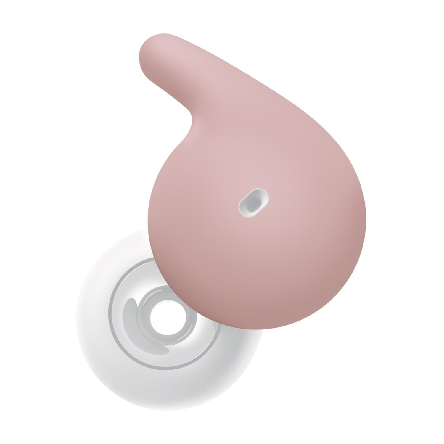 Auricolare rosa e bianco, staccato dalla sua custodia di ricarica. Sfondo bianco.