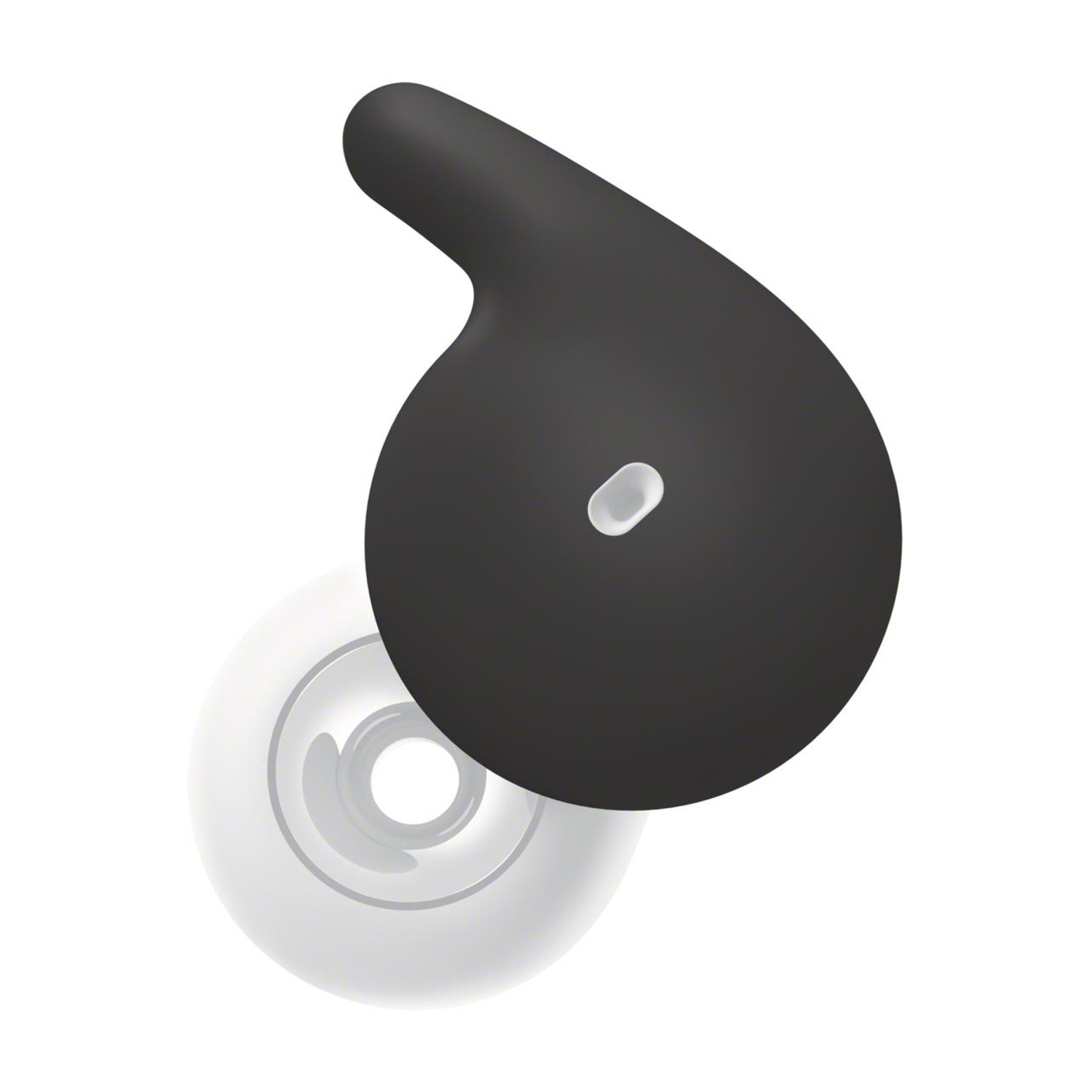 Auricolare nero con un puntale bianco. Il puntale è separato e ha un gel trasparente.
