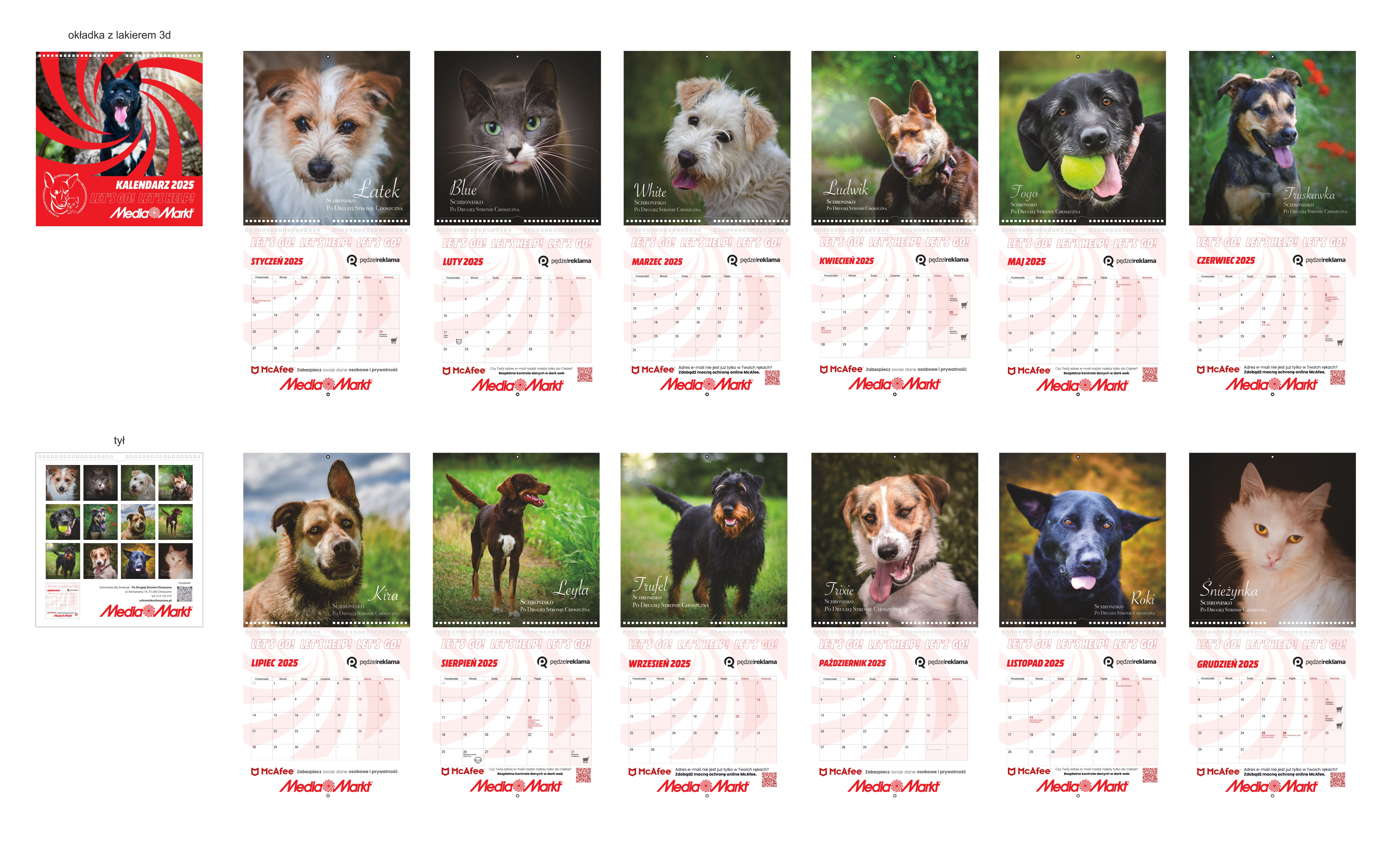 Kalendarz z różnymi zdjęciami psów. Kalendarz Media Markt 2025. Wiele ras psów i portretów.
