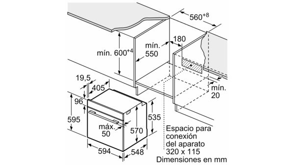 Dibujo técnico de la instalación de un horno con dimensiones, mostrando los requisitos de espacio en mm.