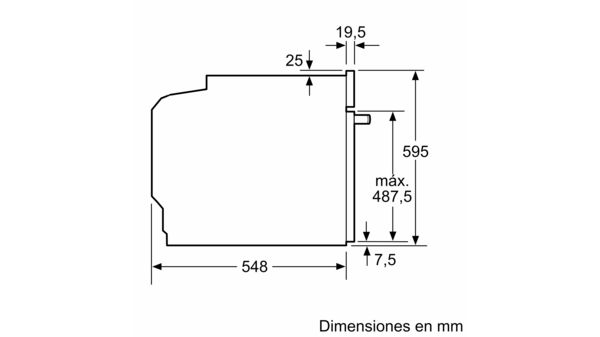 Un diagrama de horno con dimensiones, que muestra el tamaño y las medidas en mm.