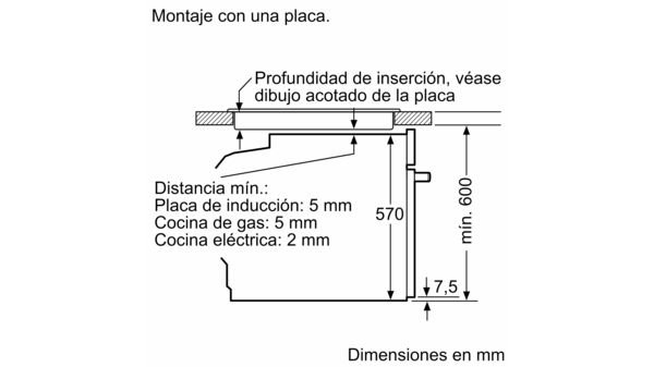 Un esquema que muestra las dimensiones en mm para un electrodoméstico empotrado.