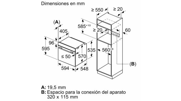 Diagrama de un horno empotrado con dimensiones en mm y requisitos de espacio. Se muestran las dimensiones.