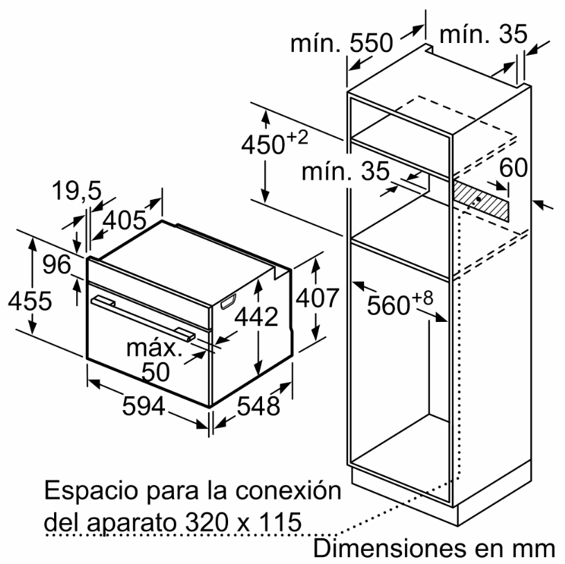 Dibujo técnico de horno empotrado y armario circundante, con dimensiones en mm.